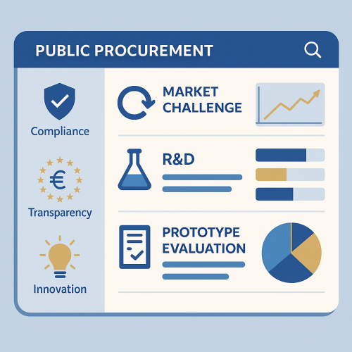 A modern, professional illustration of a digital platform interface for public procurement. The imag